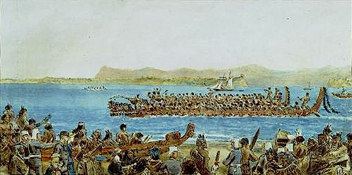 Canoe race on Tauranga harbour 29 Dec 1865